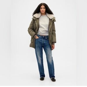 GAP Faux Fur-Trim Midi Puffer Jacket